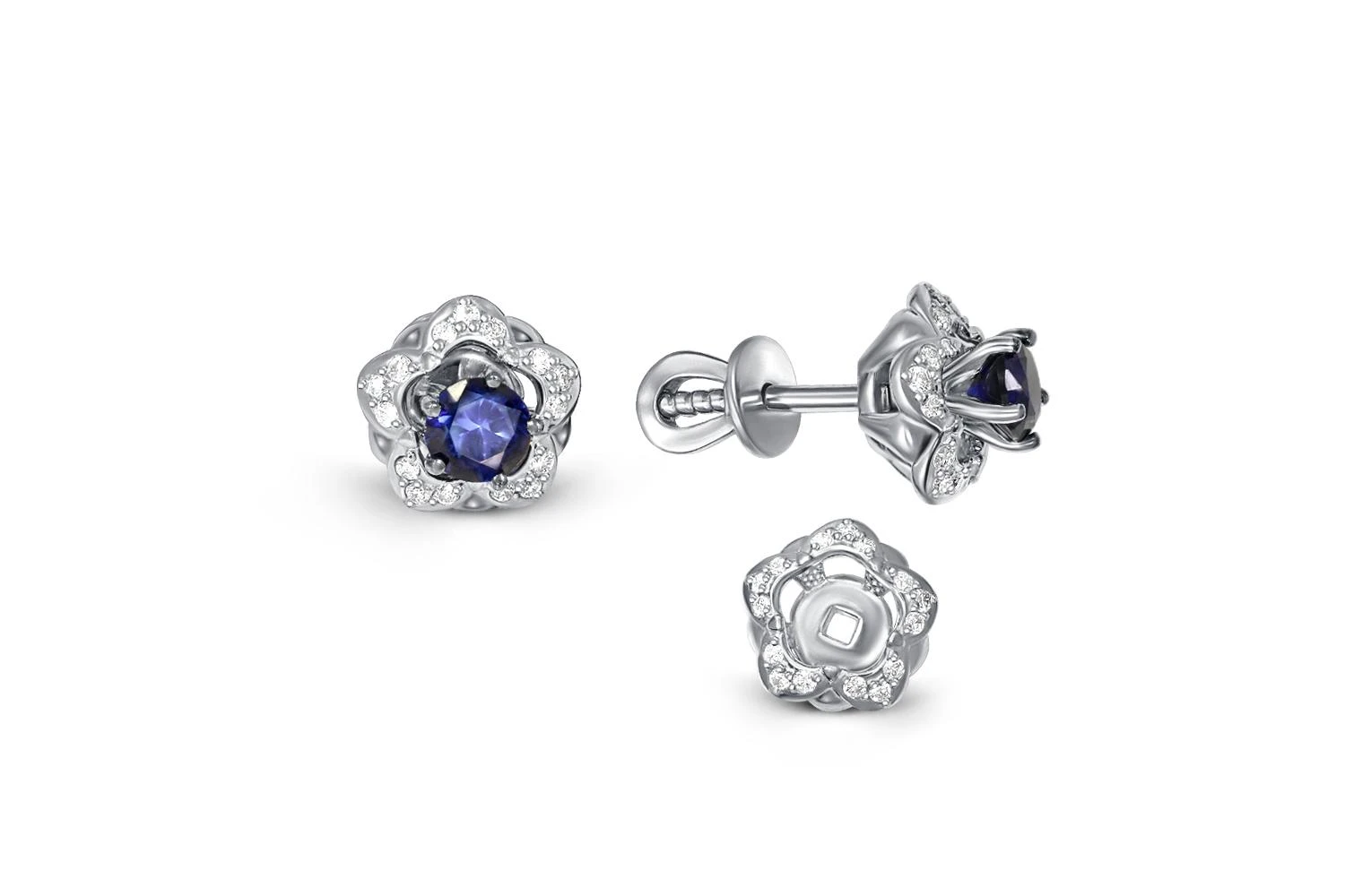 Серьги-пусеты Цветы из белого золота с 2 корундами и 30 бриллиантами