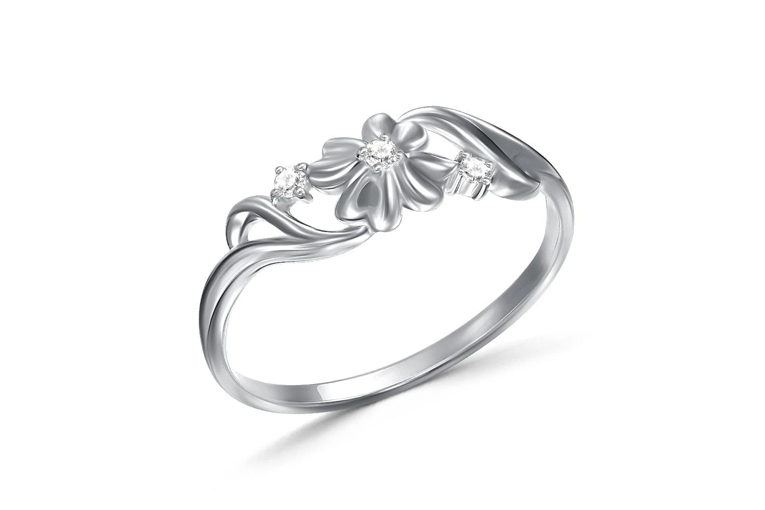 Кольцо Цветок из белого золота с 3 фианитами