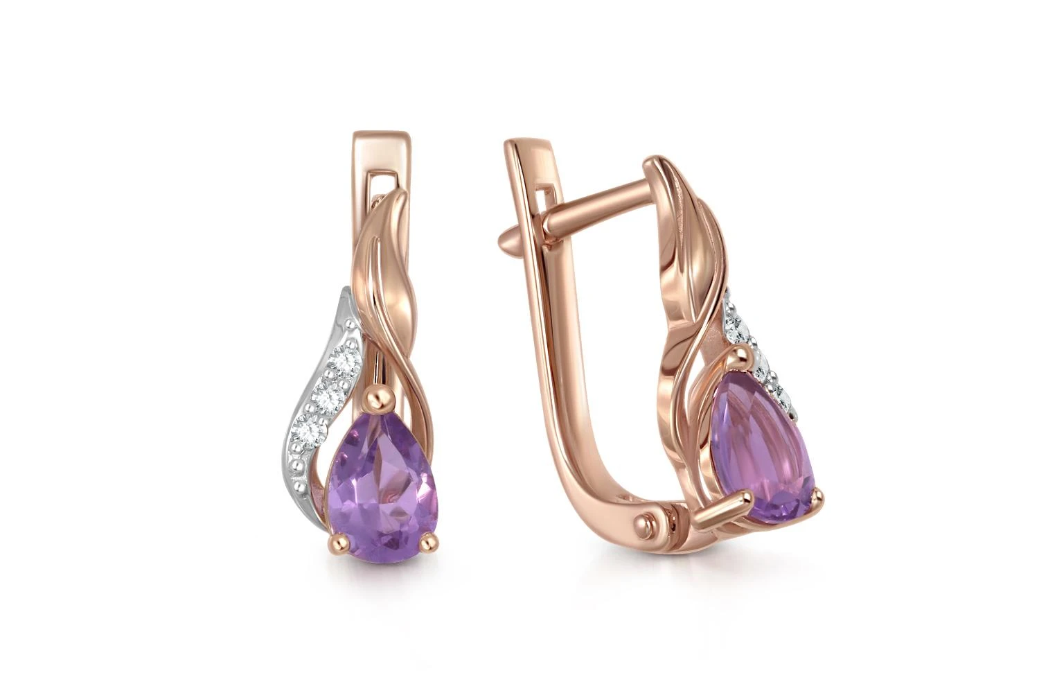 Серьги из красного золота с 2 аметистами и 6 фианитами