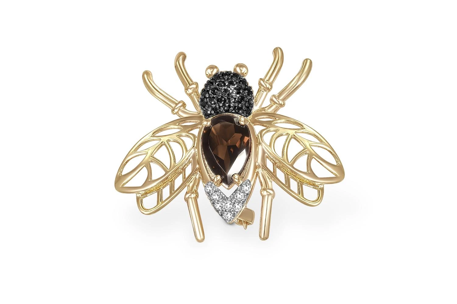 Брошь Пчела из жёлтого золота с раухтопазом и 31 фианитами