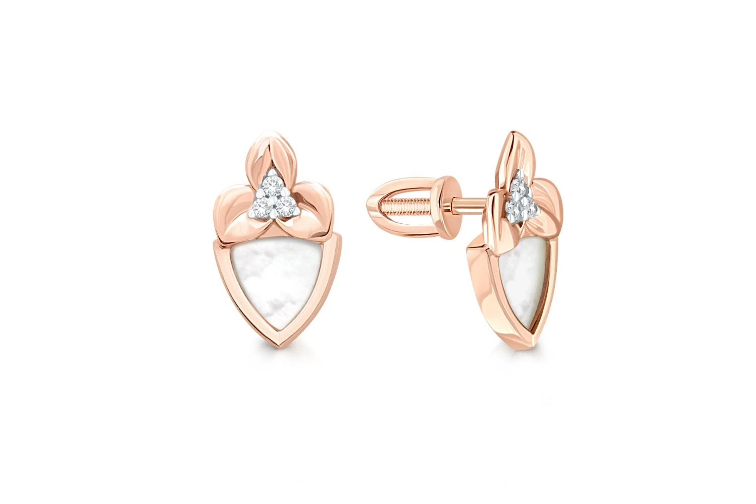 Серьги-пусеты Цветы из красного золота с перламутром и 6 фианитами