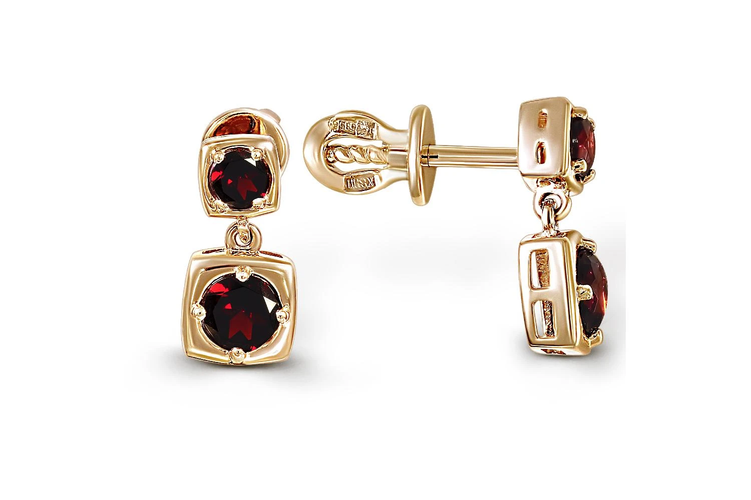 Серьги-пусеты Квадраты из жёлтого золота с 4 гранатами
