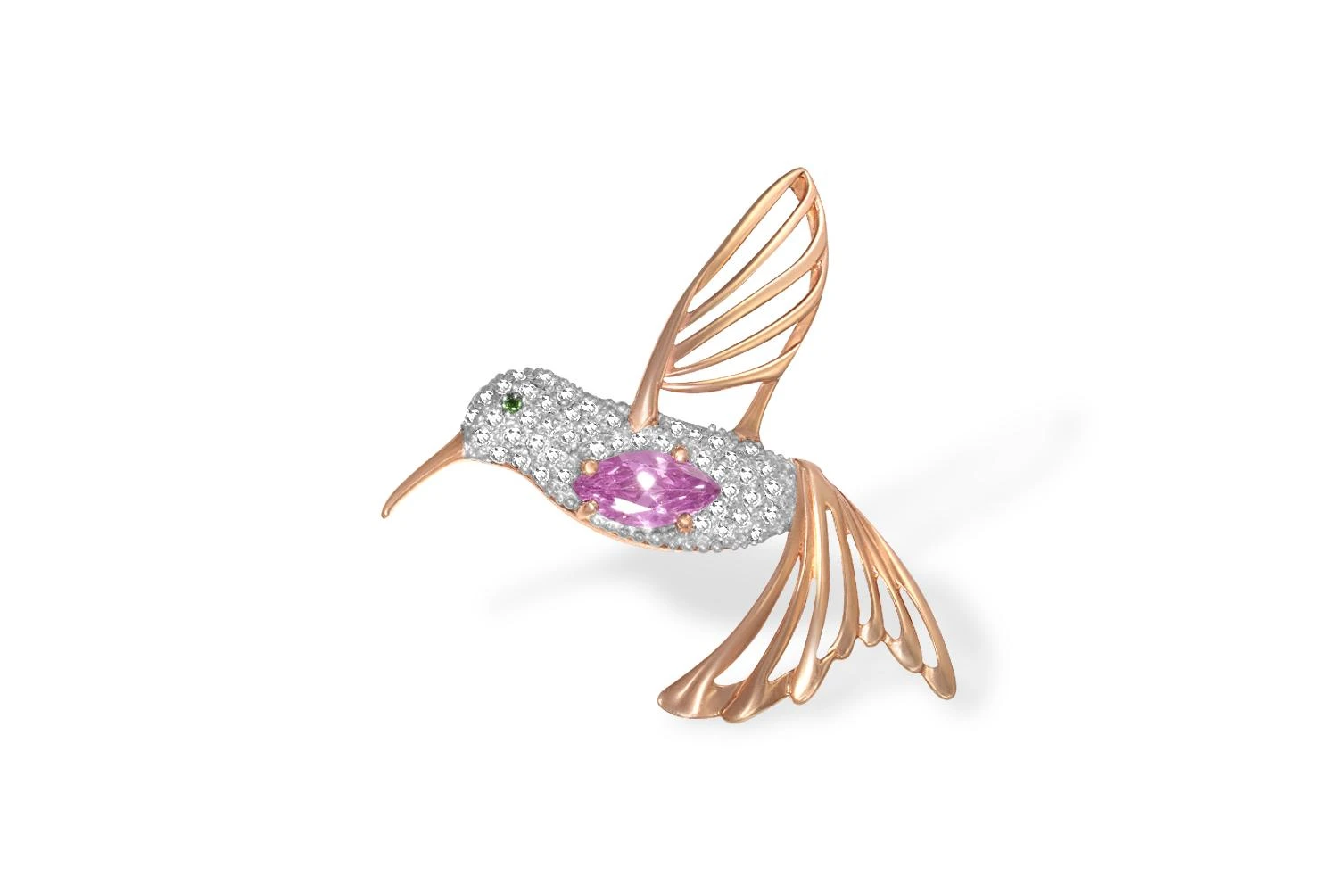Брошь Колибри из красного золота с 49 фианитами