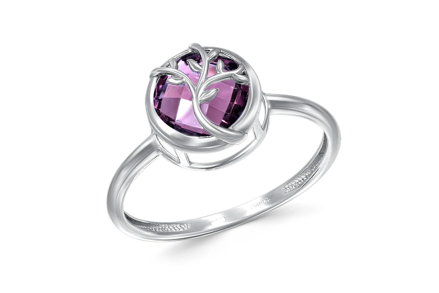 Кольцо Веточка из белого золота с аметистом