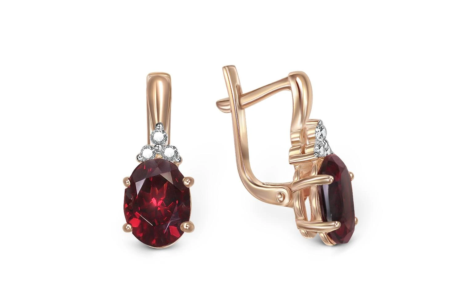 Серьги из красного золота с 2 гранатами и 6 фианитами