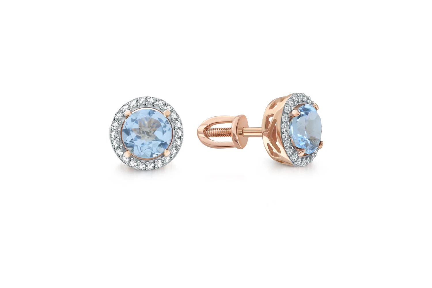 Серьги-пусеты из красного золота с 2 топазами sky и 44 фианитами