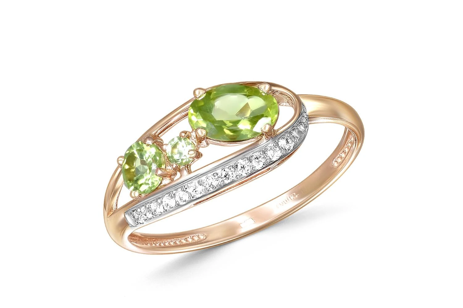 Кольцо из красного золота с 3 хризолитами и 12 фианитами