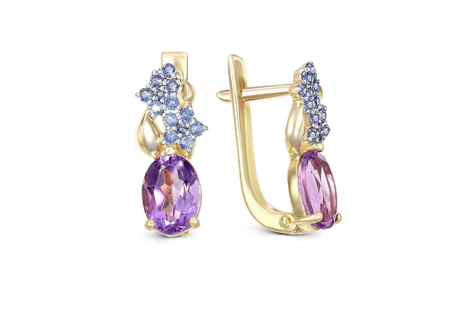 Серьги из жёлтого золота с 2 аметистами и 26 фианитами