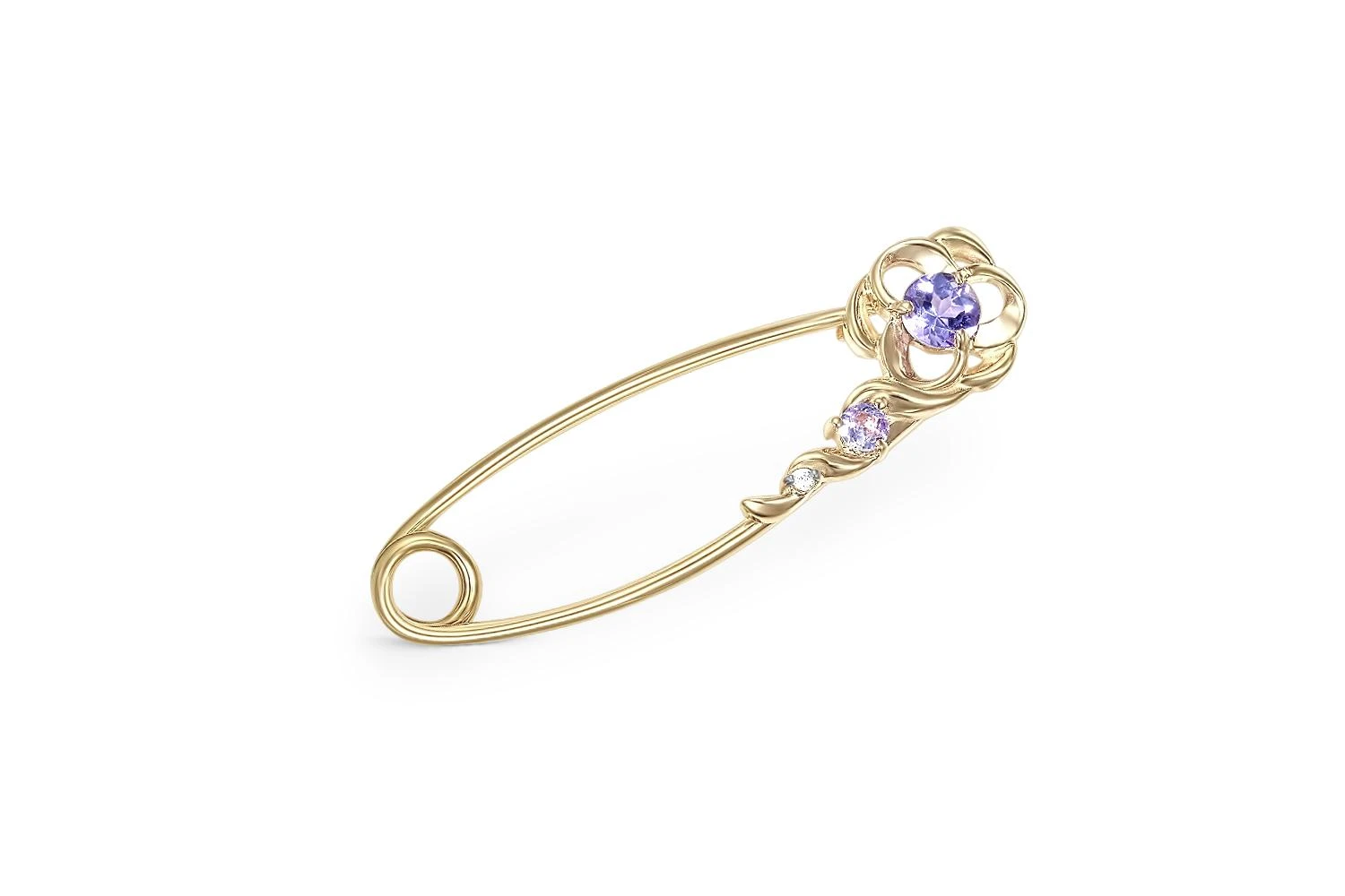 Булавка Цветок из жёлтого золота с 2 танзанитами и бриллиантом