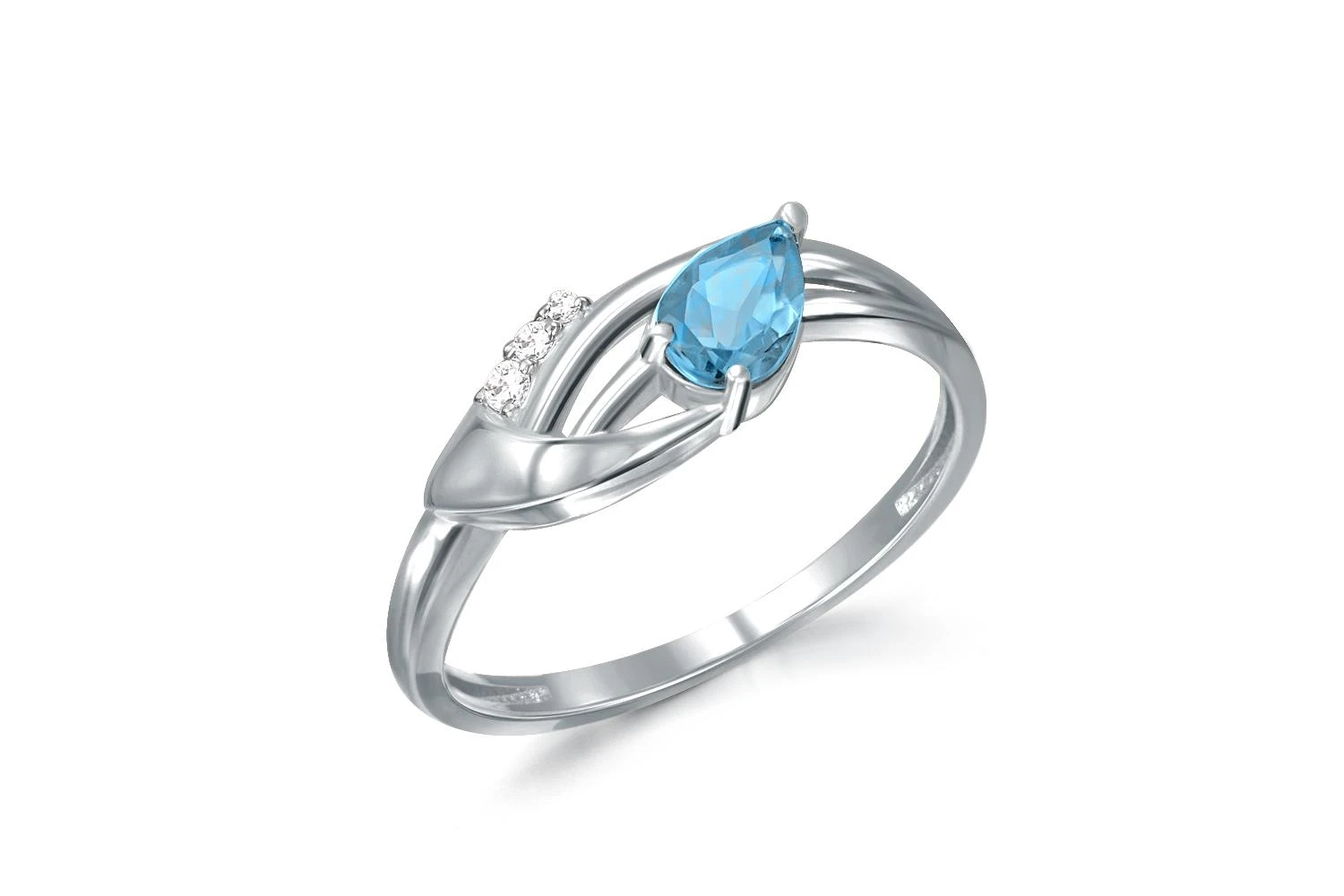 Кольцо из белого золота с топазом swiss и 3 фианитами