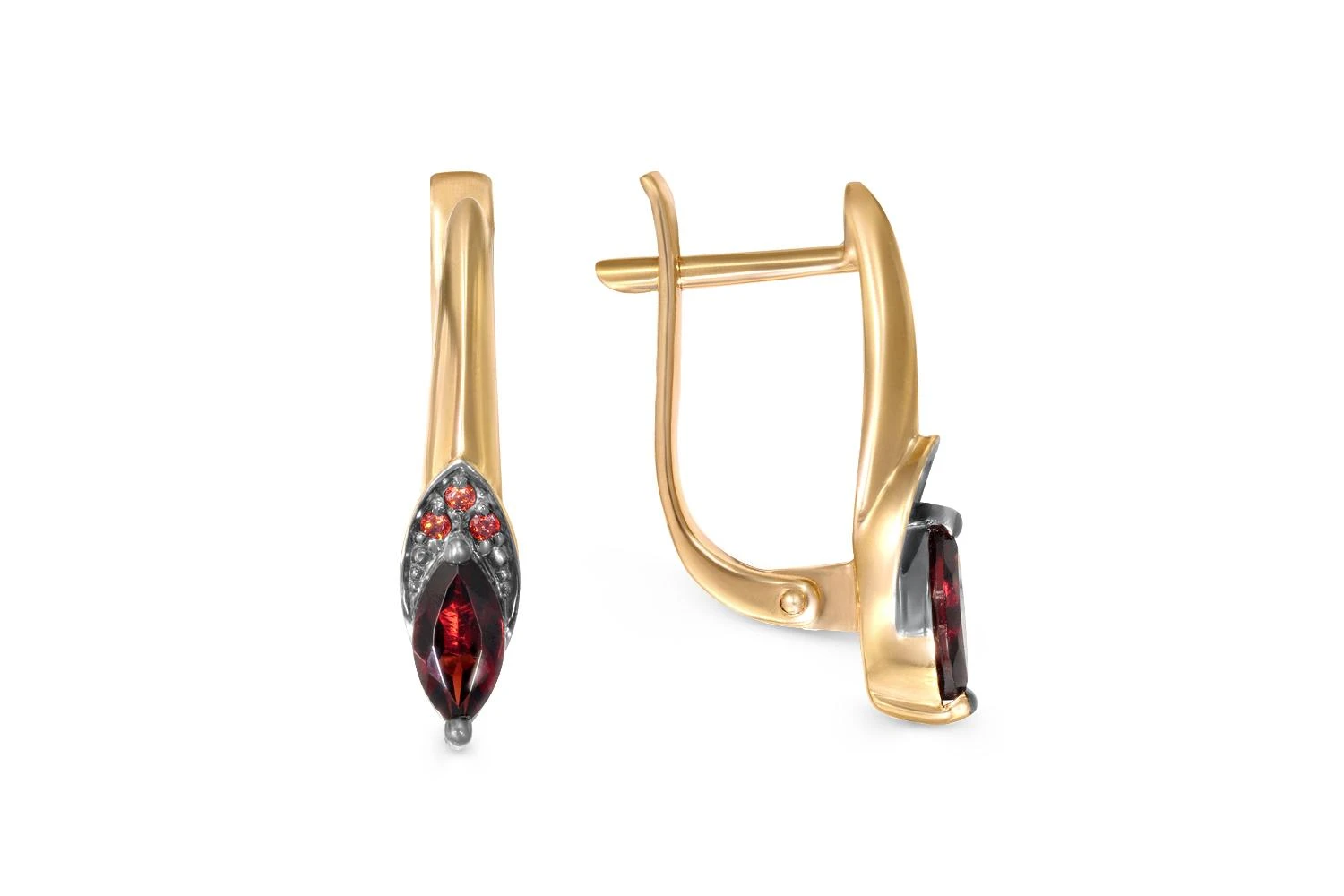 Серьги из жёлтого золота с 2 гранатами и 6 фианитами