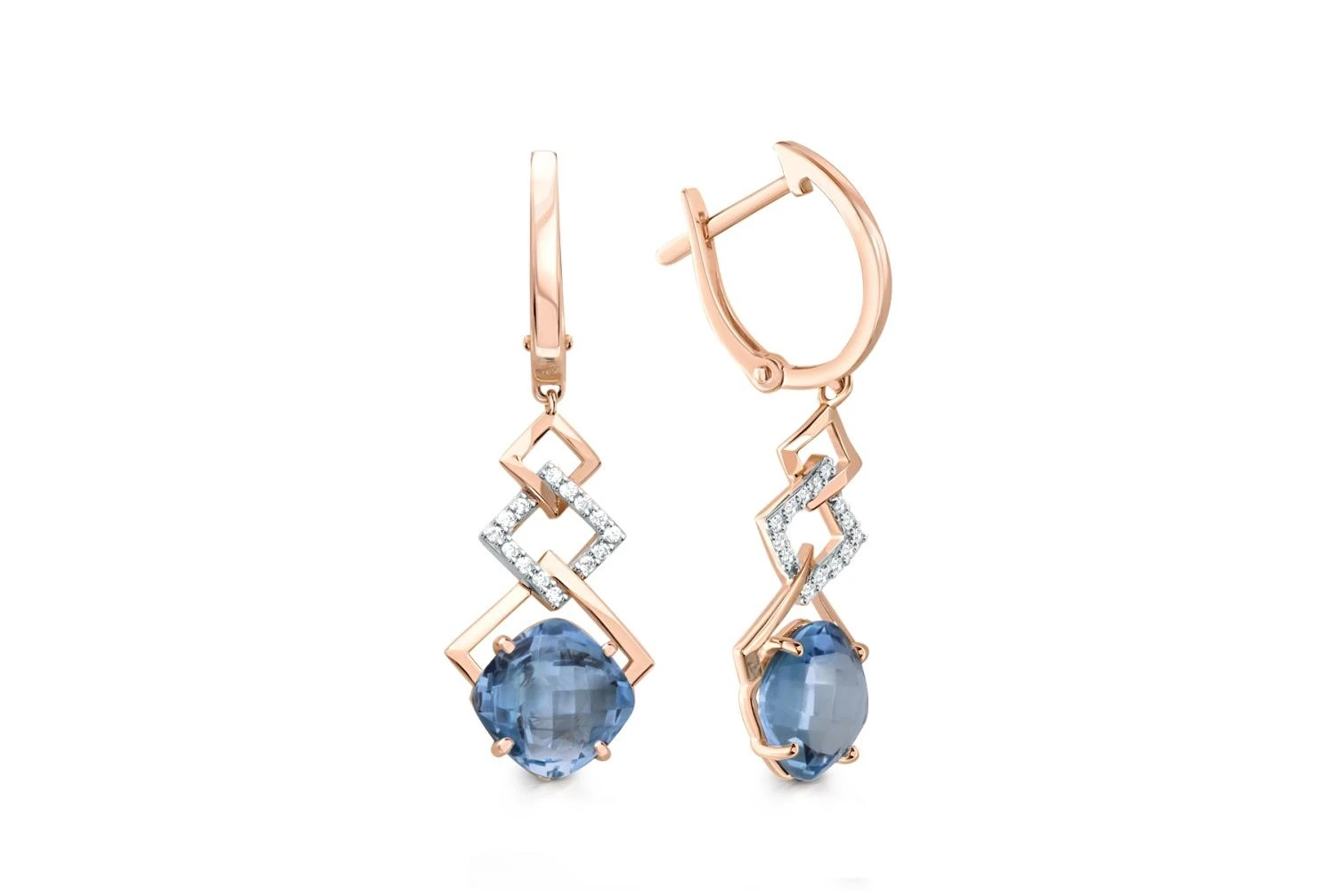 Серьги из красного золота с 2 топазами лондон и 28 фианитами