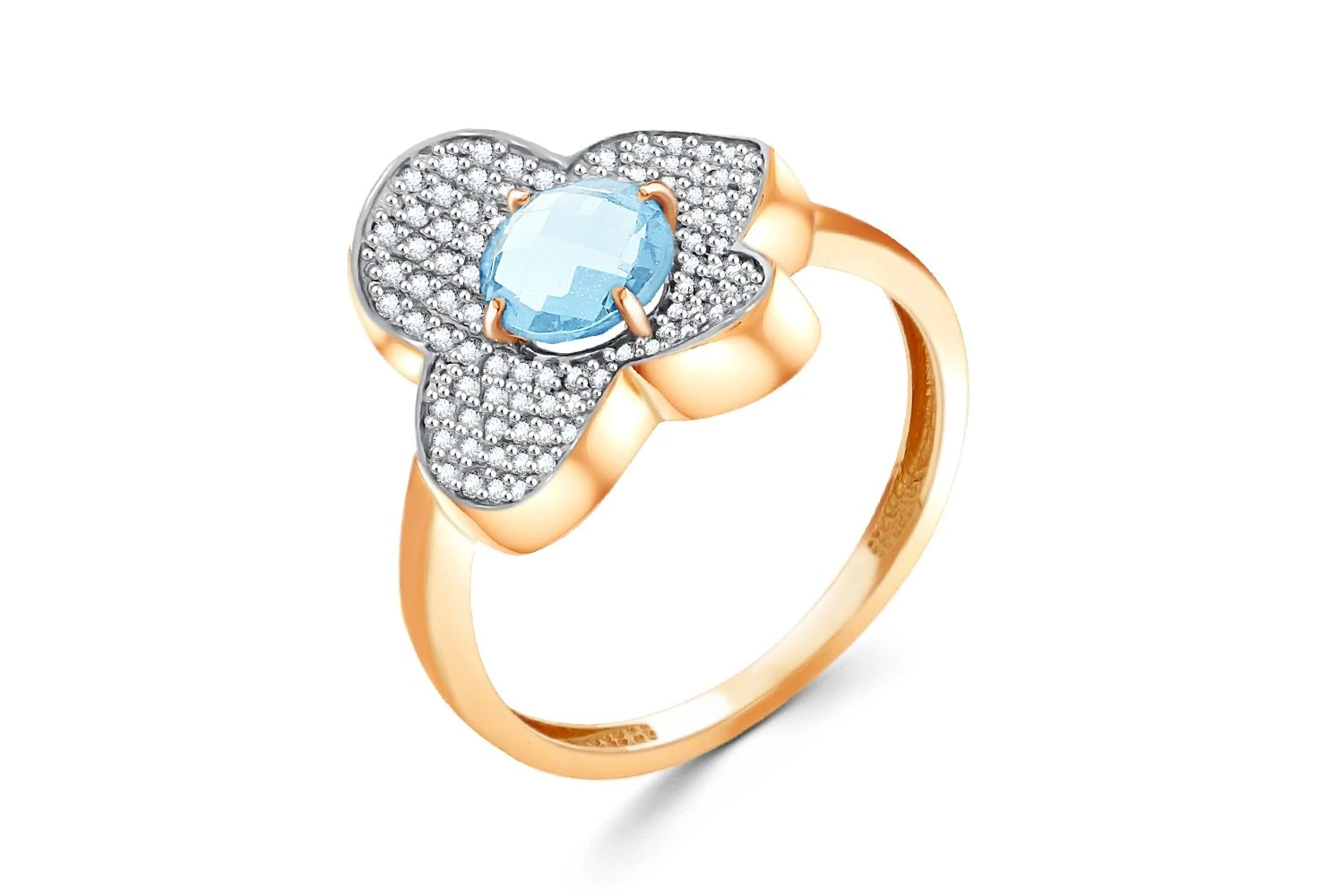 Кольцо Цветок из красного золота с топазом sky и 93 фианитами