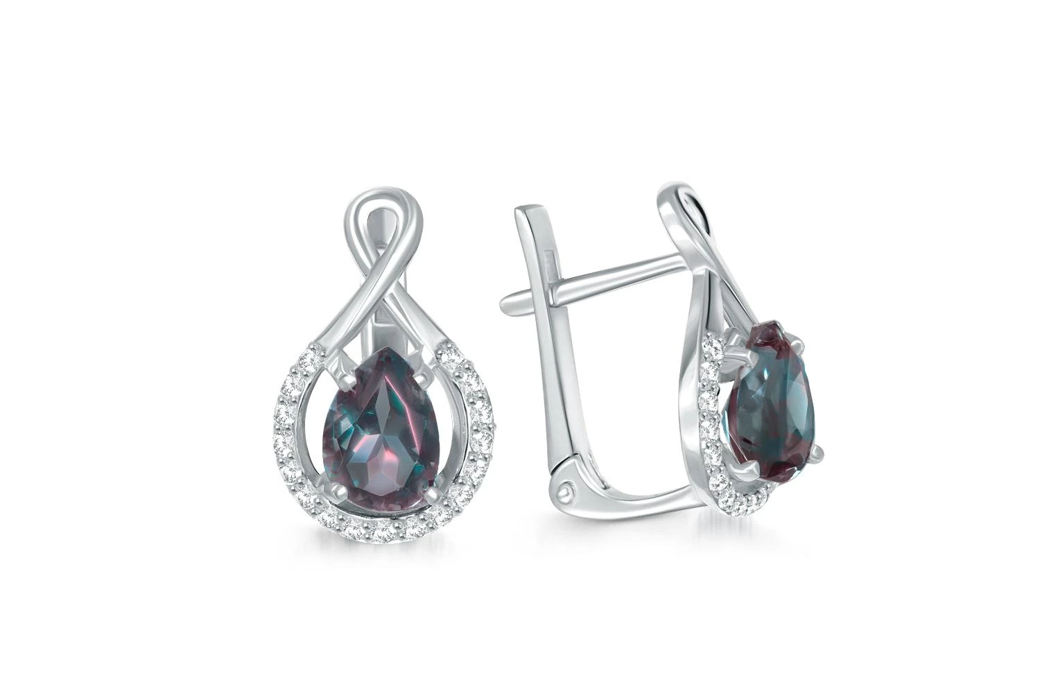 Серьги из белого золота с 2 александритами и 34 фианитами