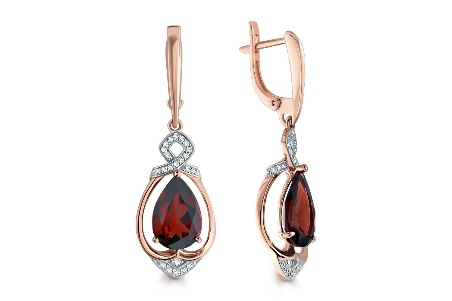 Серьги из красного золота с 2 гранатами и 48 фианитами