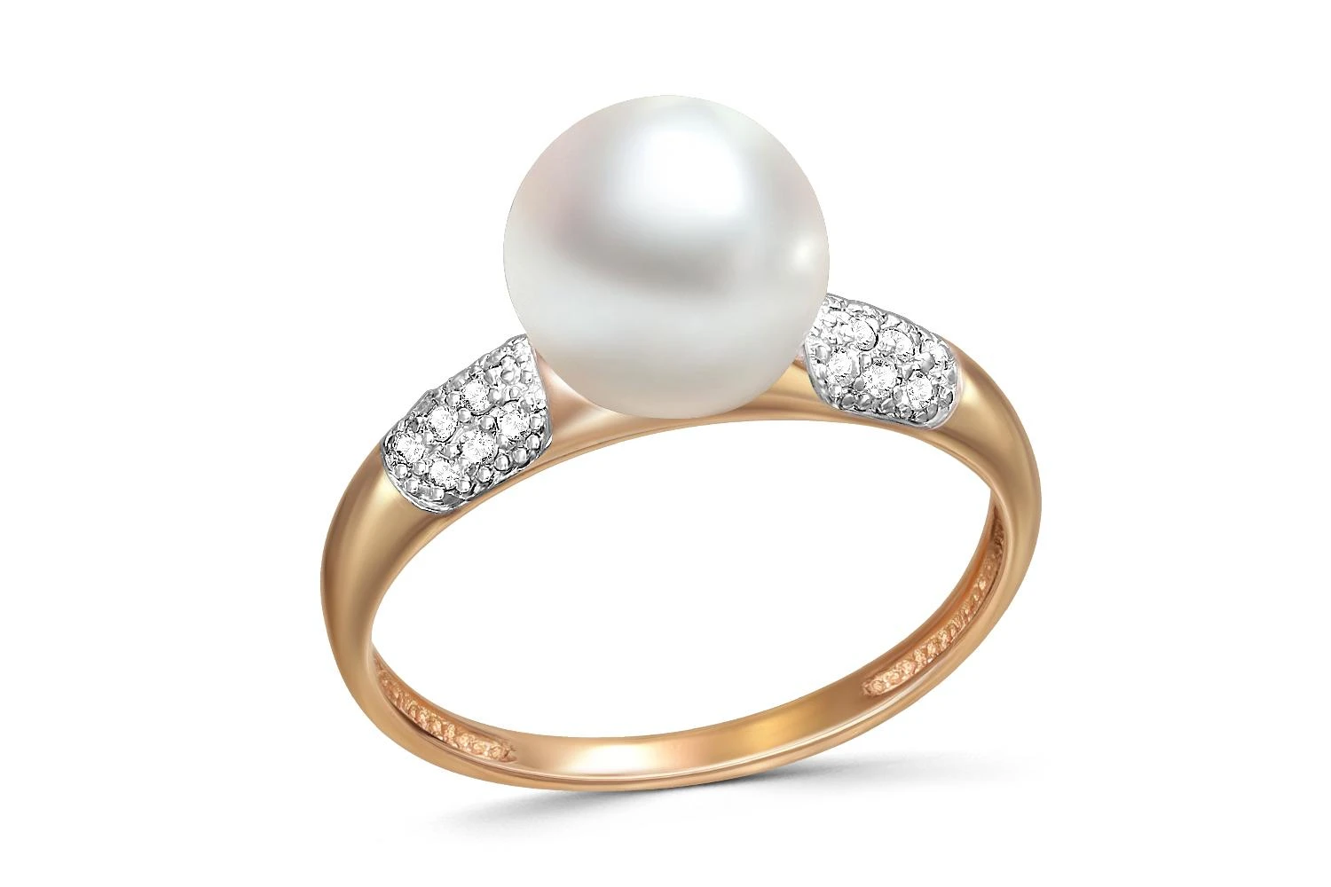 Кольцо из красного золота с жемчугом и 18 фианитами