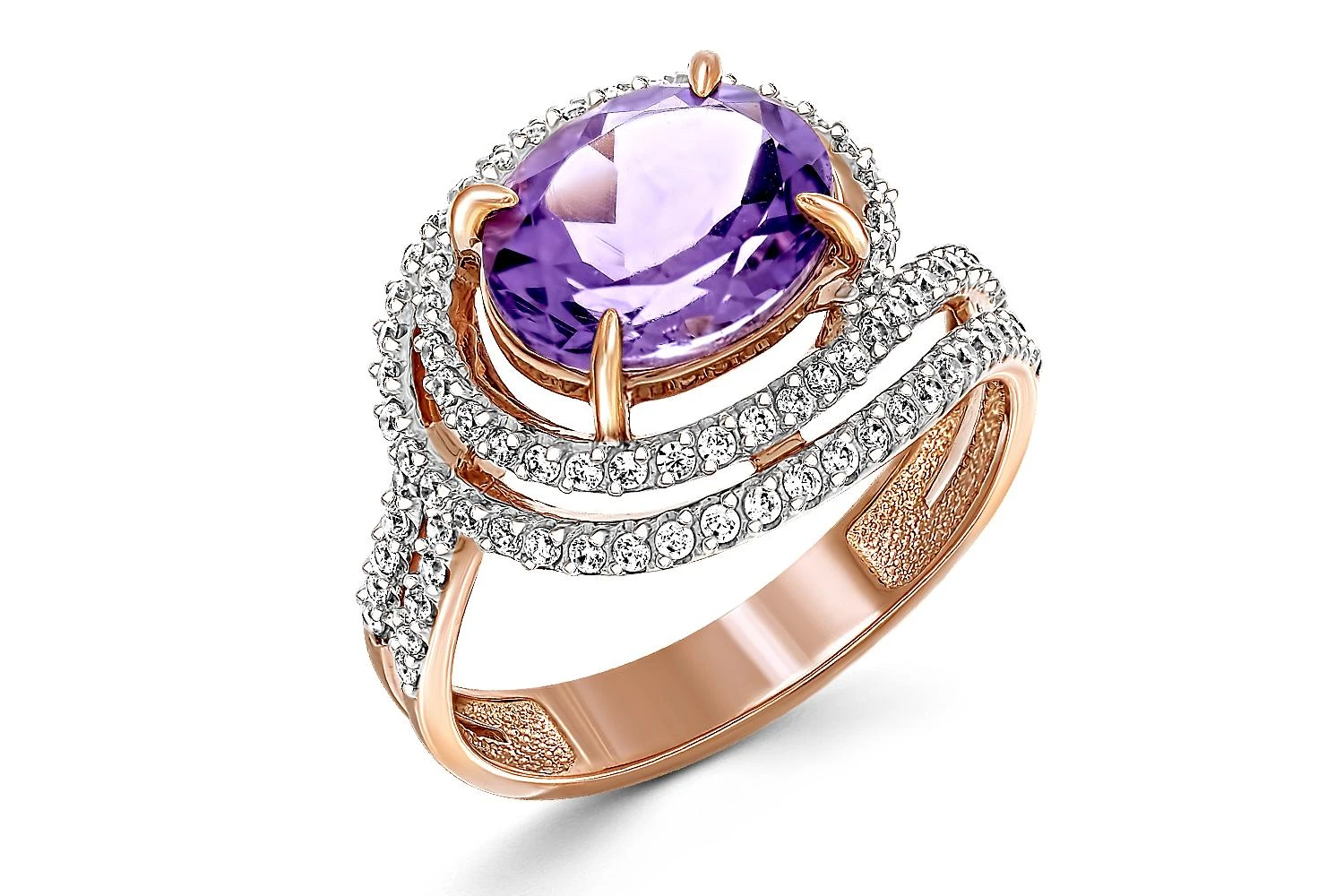 Кольцо из красного золота с аметистом и 93 фианитами