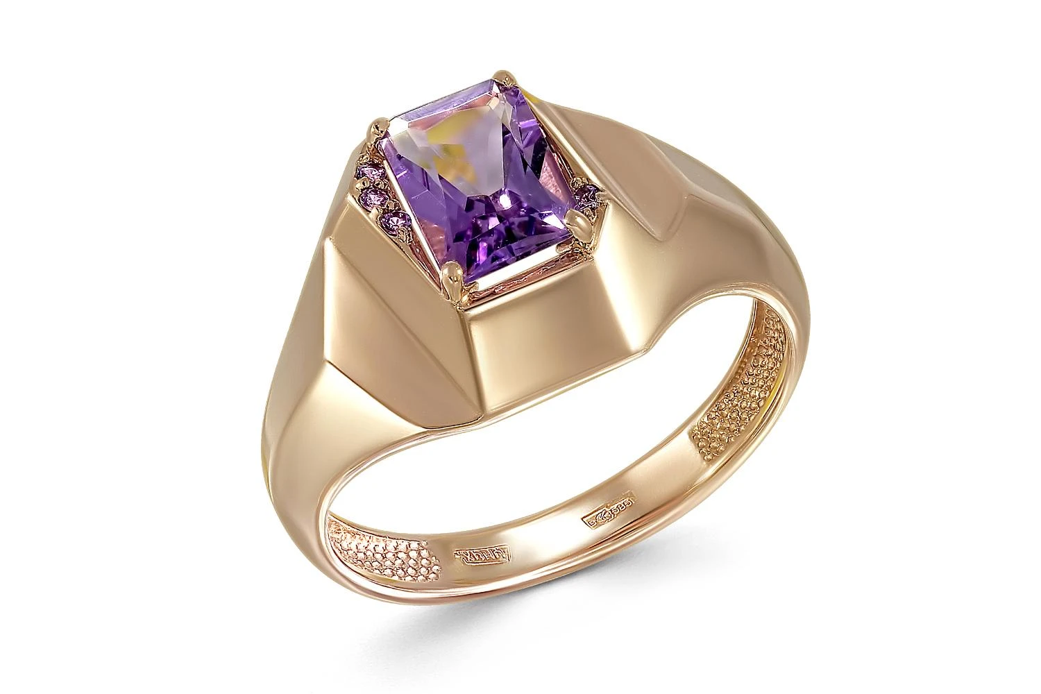Кольцо из красного золота с аметистом и 4 фианитами