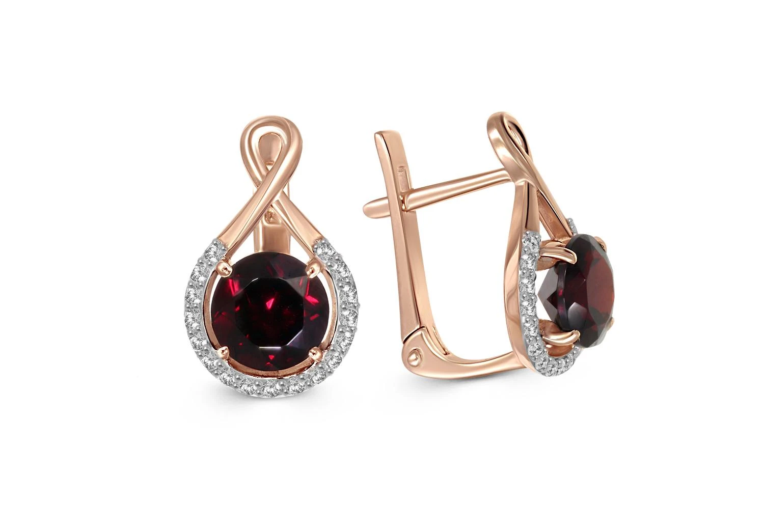 Серьги из красного золота с 2 гранатами и 34 фианитами