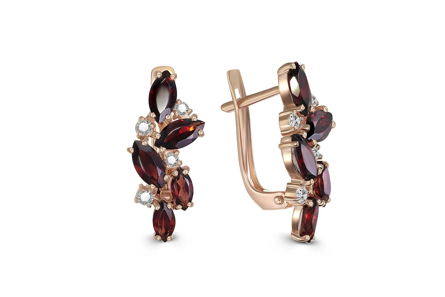 Серьги из красного золота с 10 гранатами и 8 фианитами