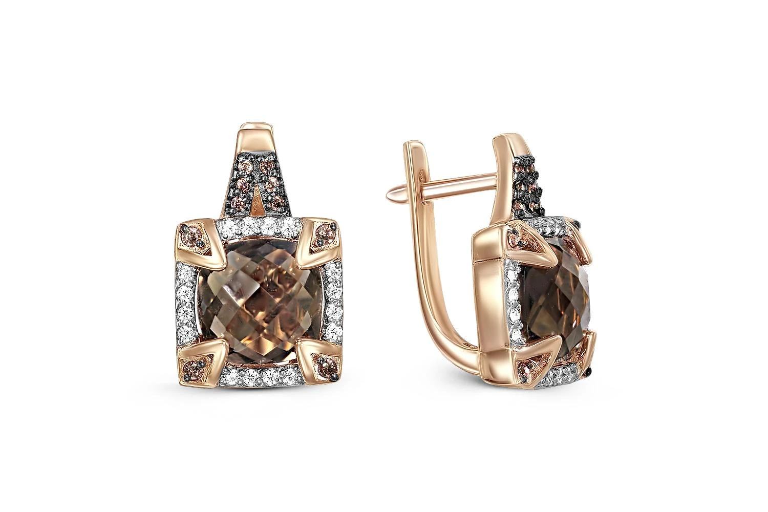 Серьги из красного золота с 2 раухтопазами и 52 фианитами