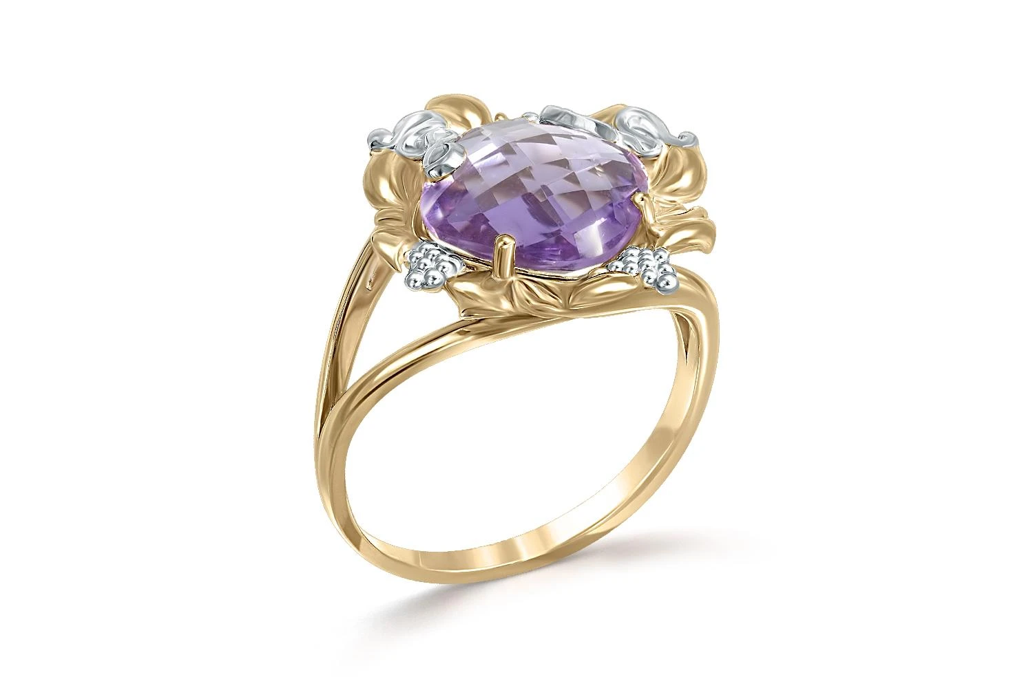 Кольцо Цветок из жёлтого золота с аметистом