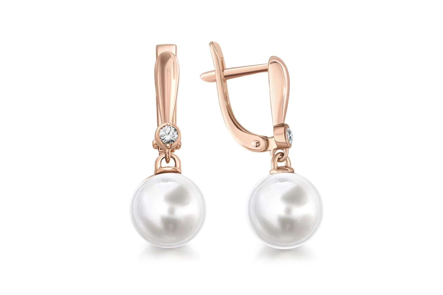 Серьги из красного золота с 2 жемчужинами и 2 фианитами