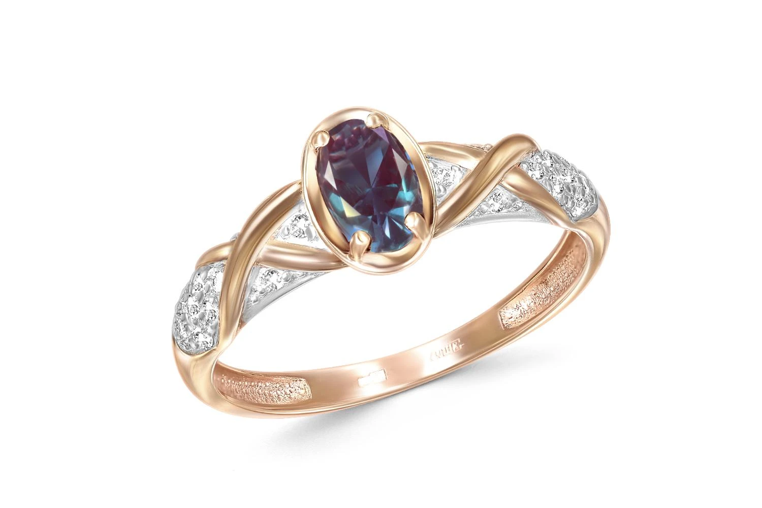 Кольцо из красного золота с александритом и 20 фианитами