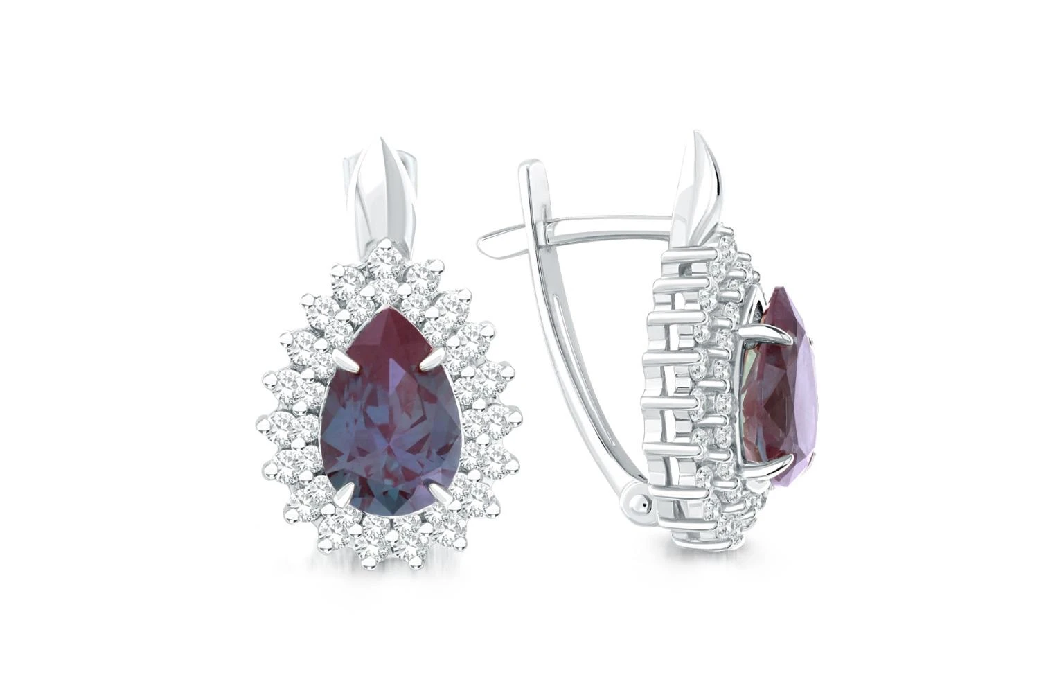 Серьги из белого золота с 2 александритами и 76 фианитами