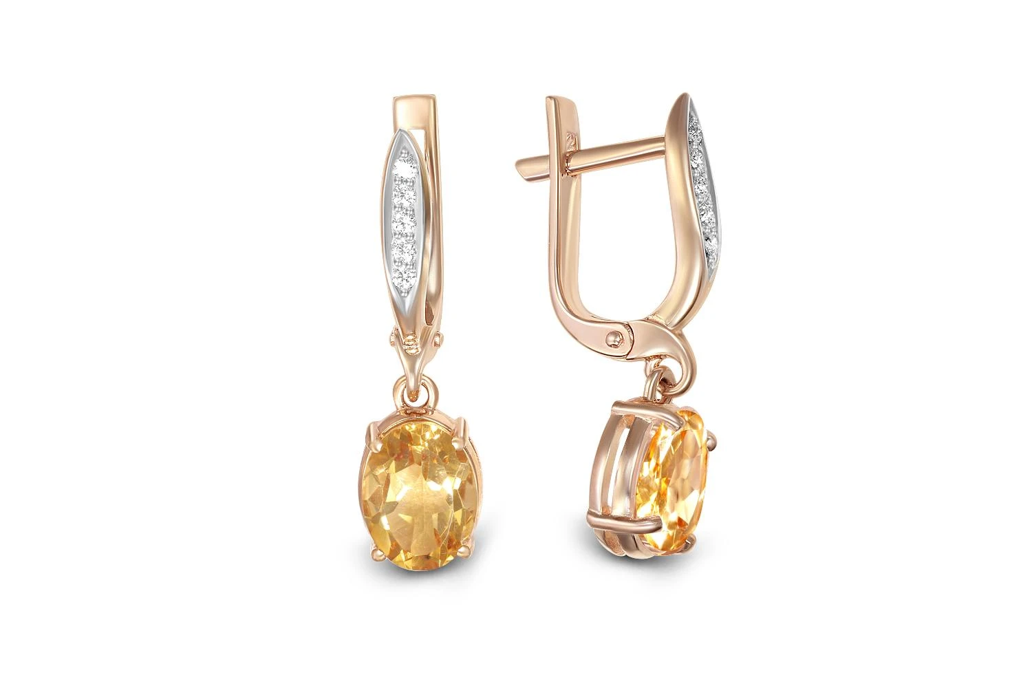 Серьги из красного золота с 2 цитринами и 10 фианитами