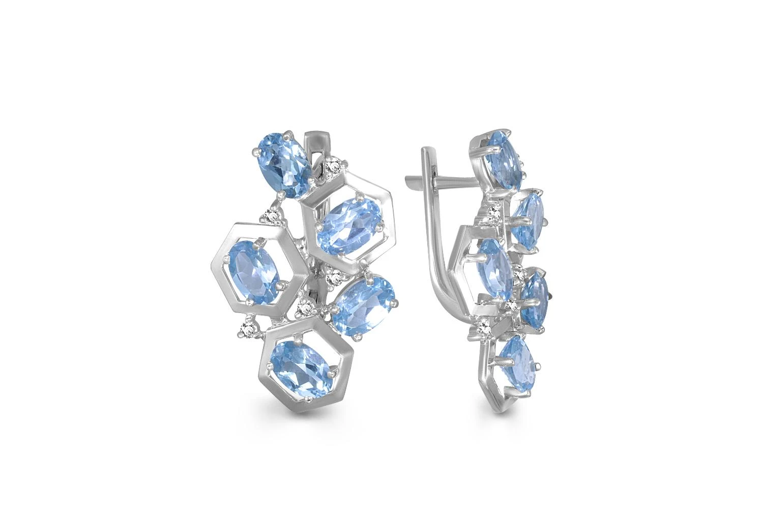 Серьги из белого золота с 10 топазами swiss и 10 фианитами