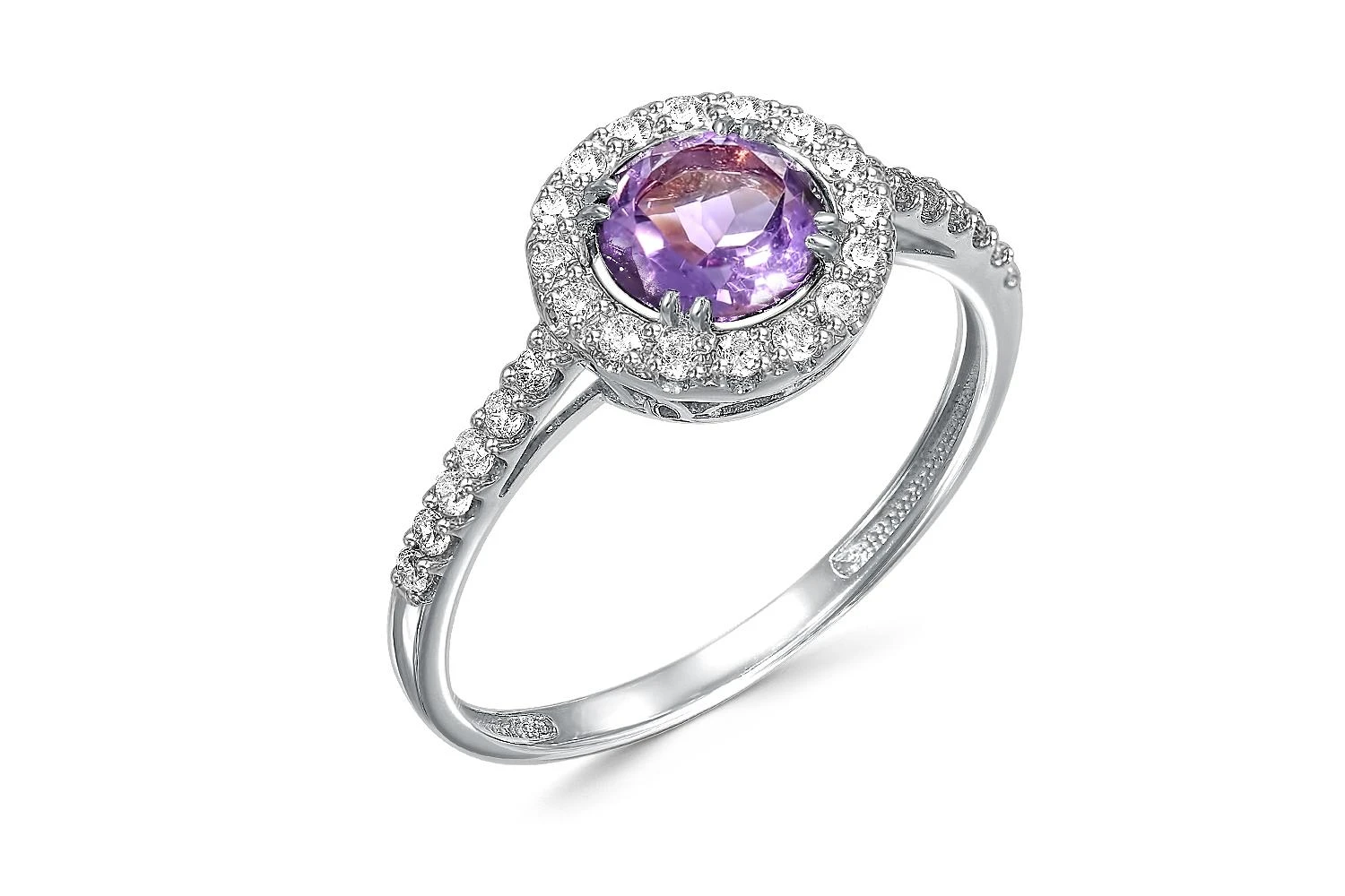 Кольцо из белого золота с аметистом и 28 фианитами