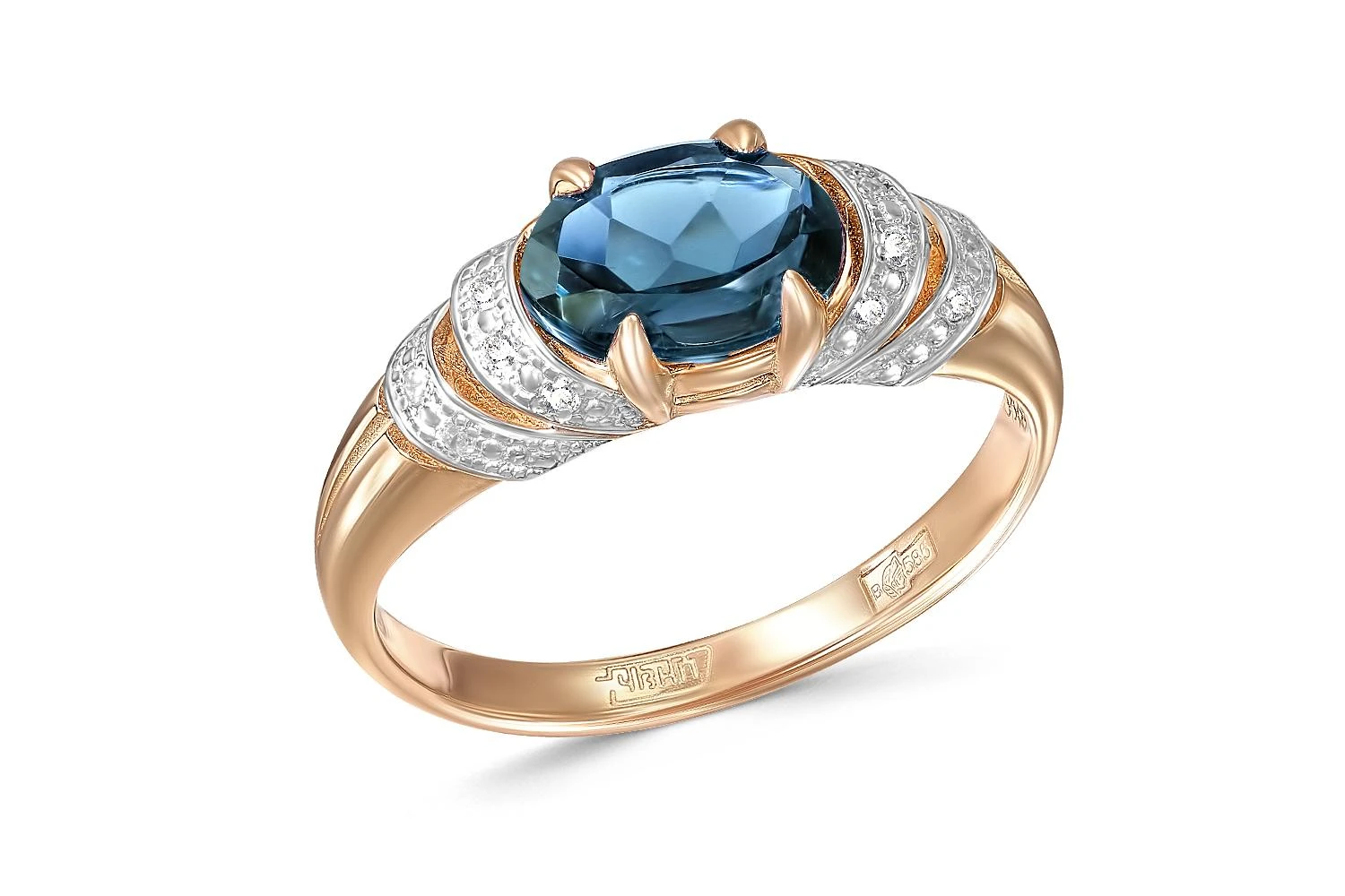 Кольцо из красного золота с топазом лондон и 14 фианитами