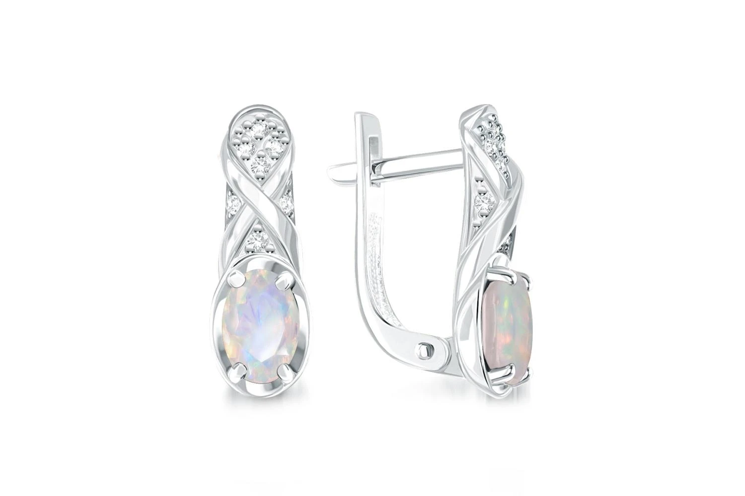Серьги из белого золота с 2 опалами и 14 фианитами