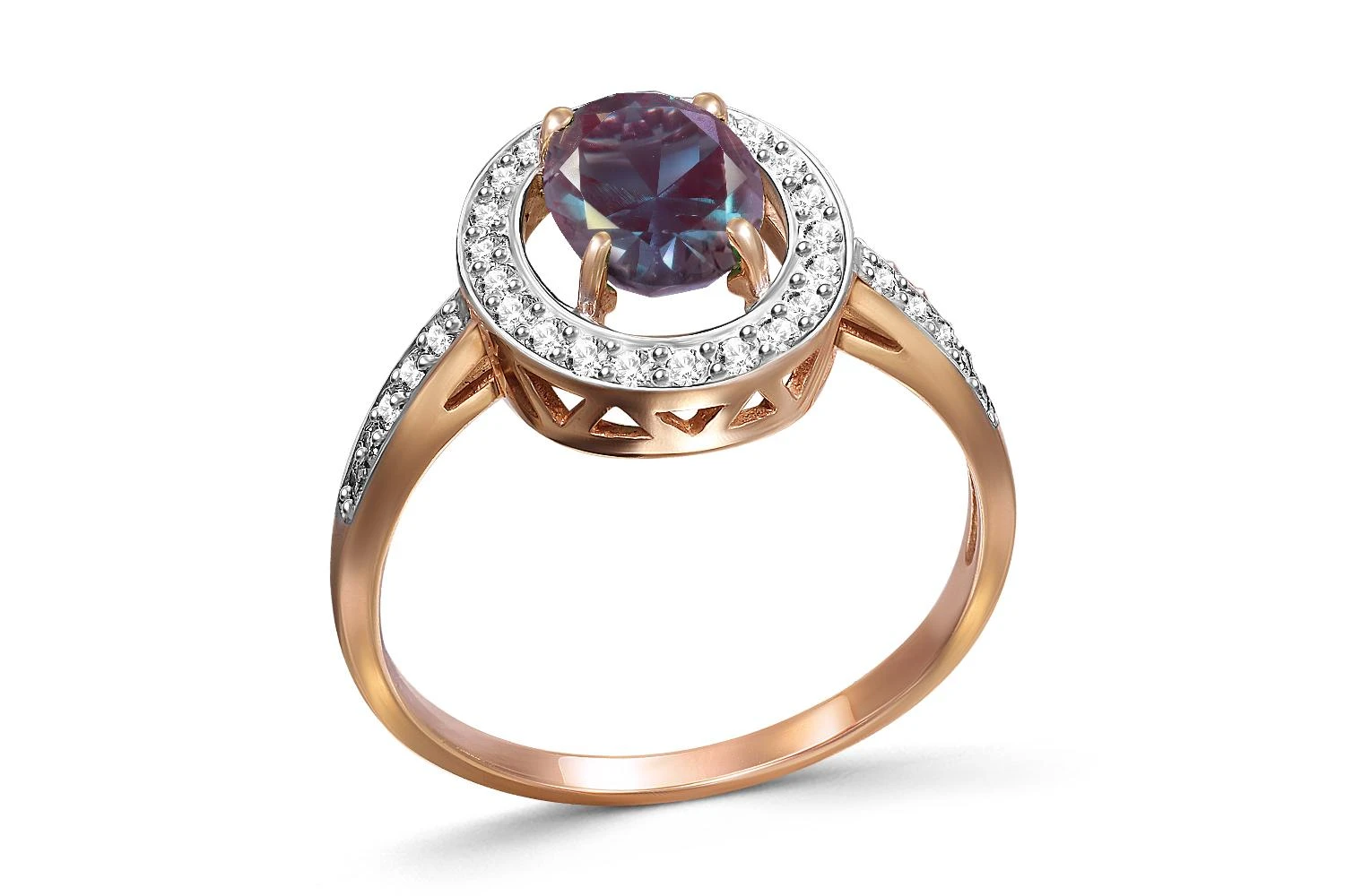 Кольцо из красного золота с александритом и 32 фианитами