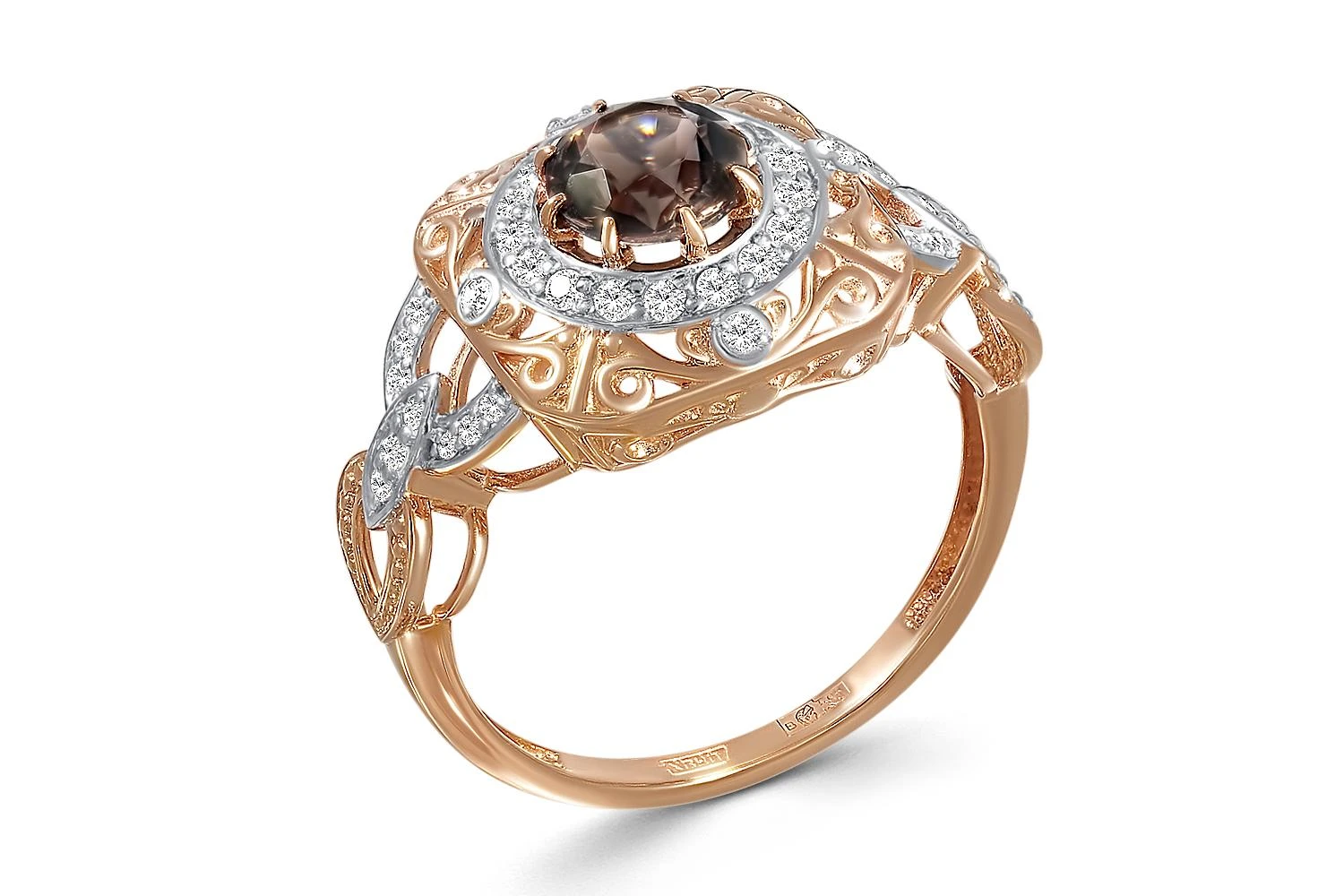 Кольцо из красного золота с раухтопазом и 39 фианитами