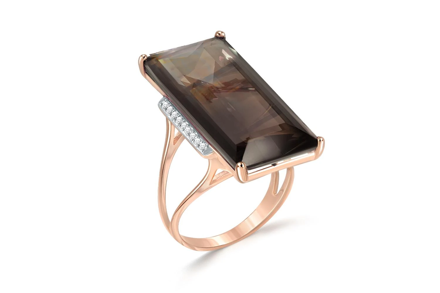 Кольцо из красного золота с раухтопазом и 18 фианитами