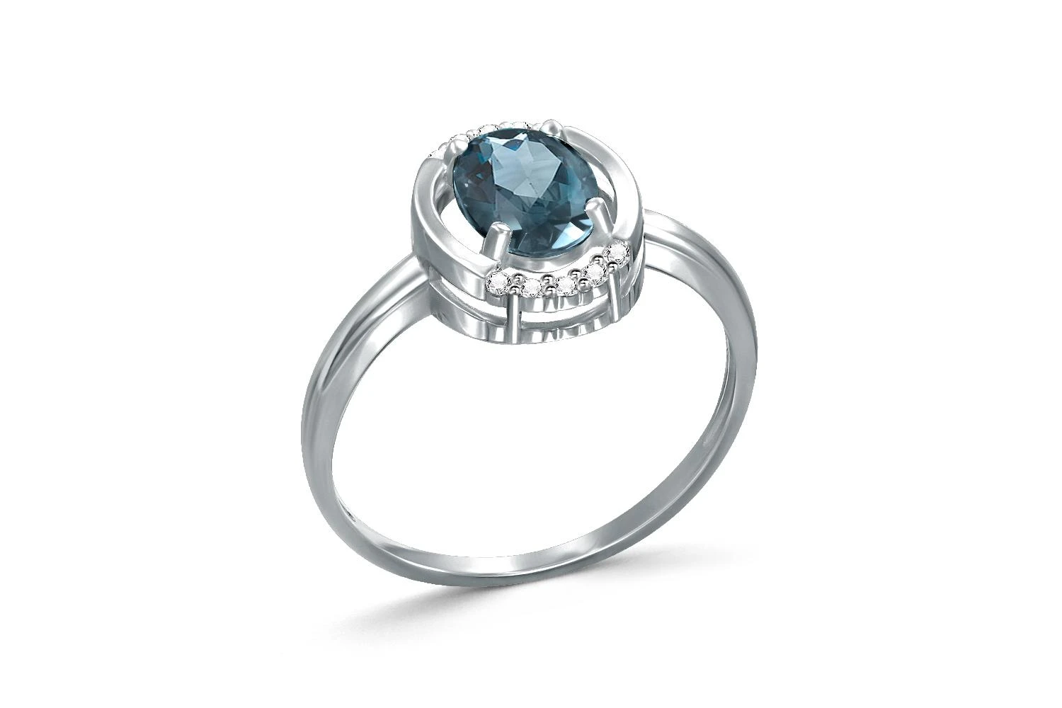 Кольцо из белого золота с топазом лондон и 10 фианитами