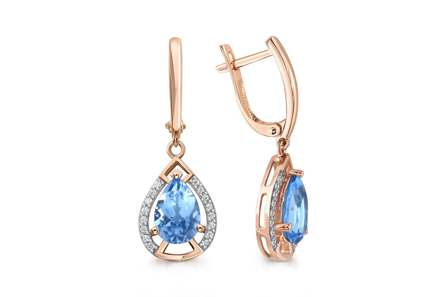 Серьги из красного золота с 2 топазами swiss и 32 фианитами