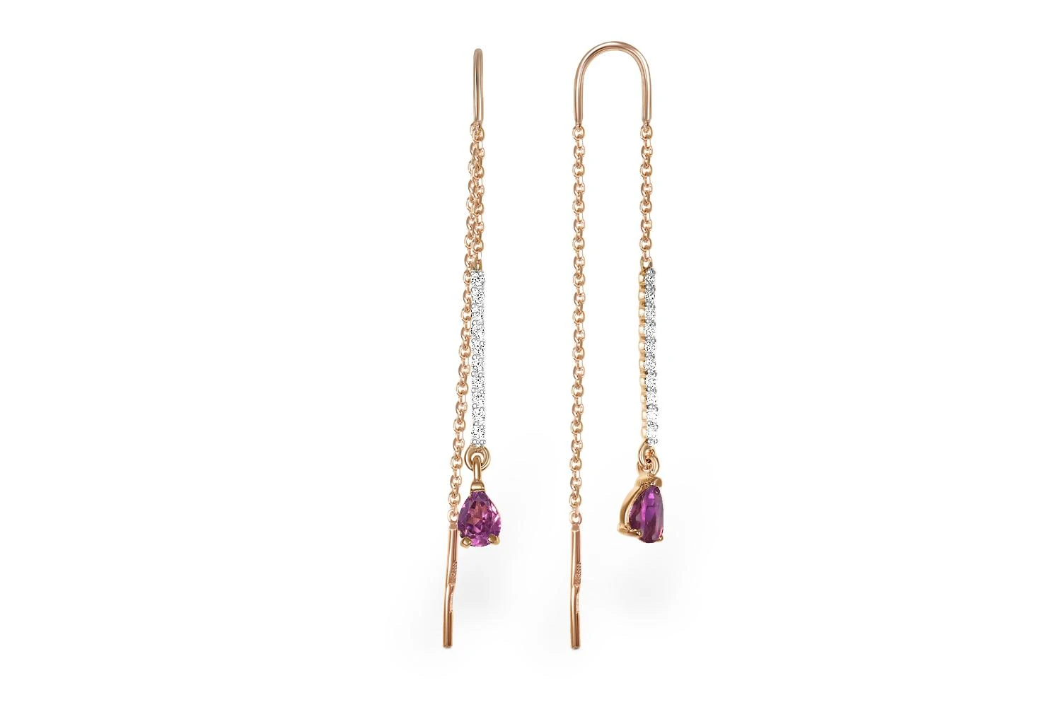 Серьги-продёвки Дорожки из красного золота с 2 родолитами и 20 фианитами