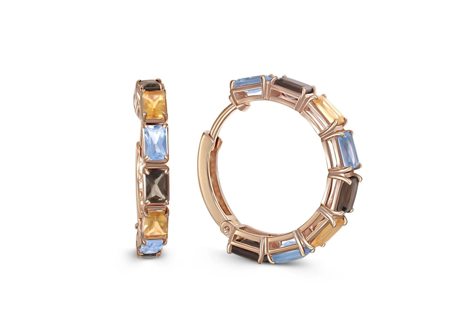 Серьги из красного золота с раухтопазами, топазами sky и цитринами
