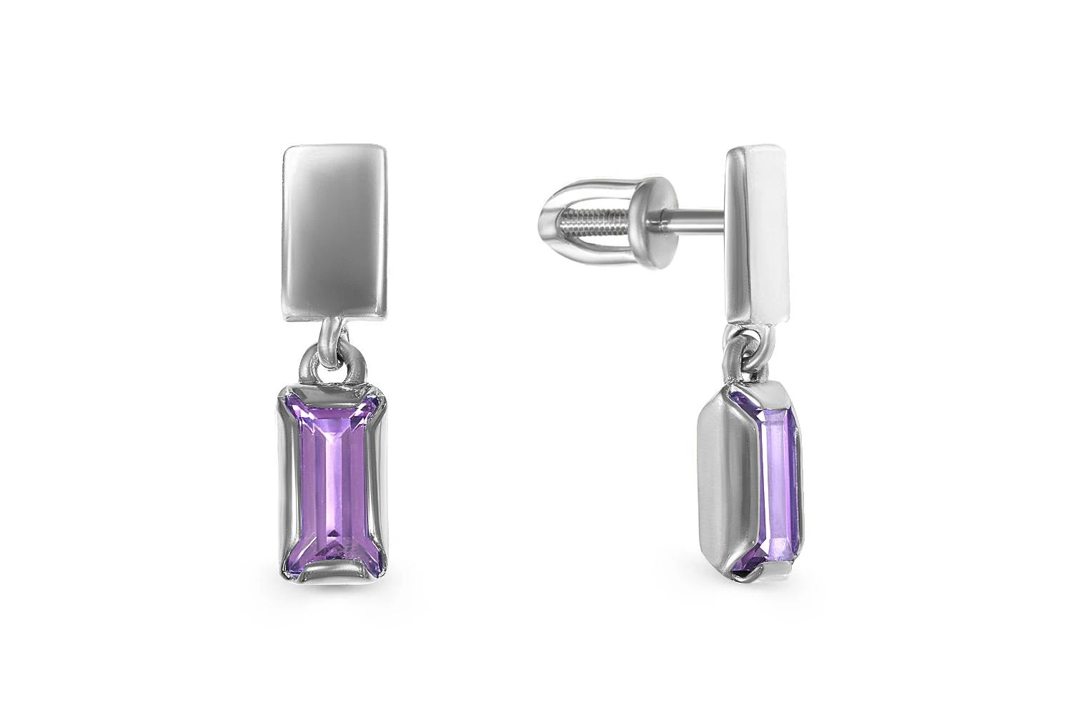 Серьги-пусеты Прямоугольники из белого золота с 2 аметистами