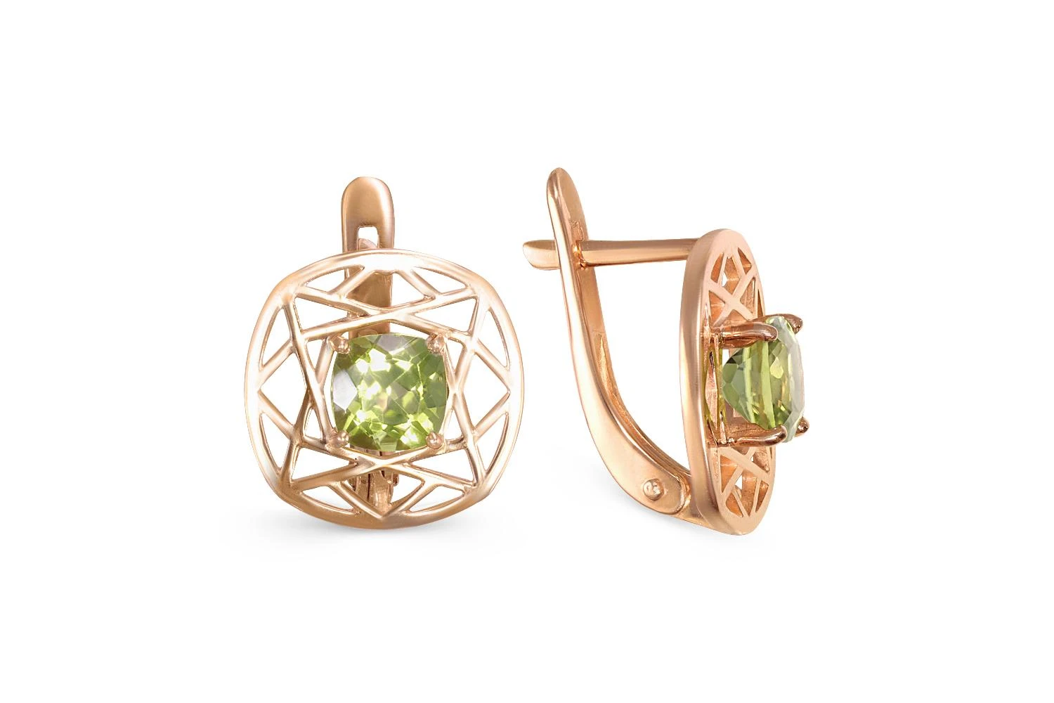 Серьги Квадраты из красного золота с 2 хризолитами