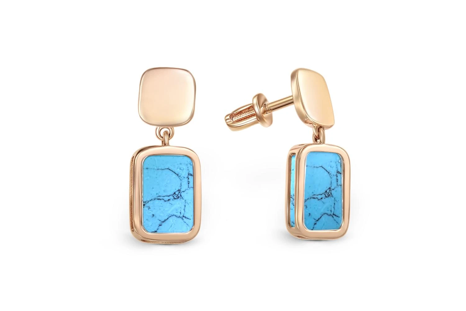 Серьги-пусеты Прямоугольники из красного золота с бирюзой