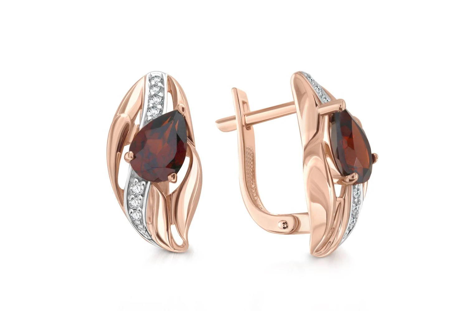 Серьги из красного золота с 2 гранатами и 14 фианитами