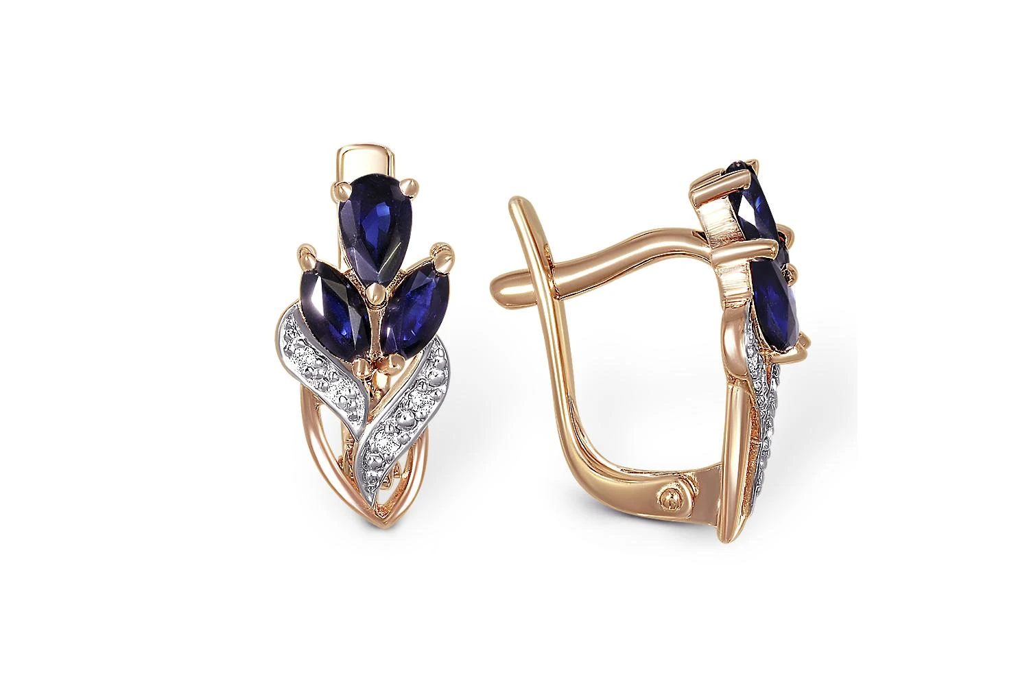 Серьги Цветы из красного золота с 6 сапфирами и 8 бриллиантами