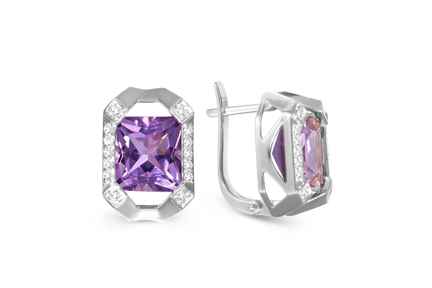 Серьги из белого золота с 2 аметистами и 28 фианитами