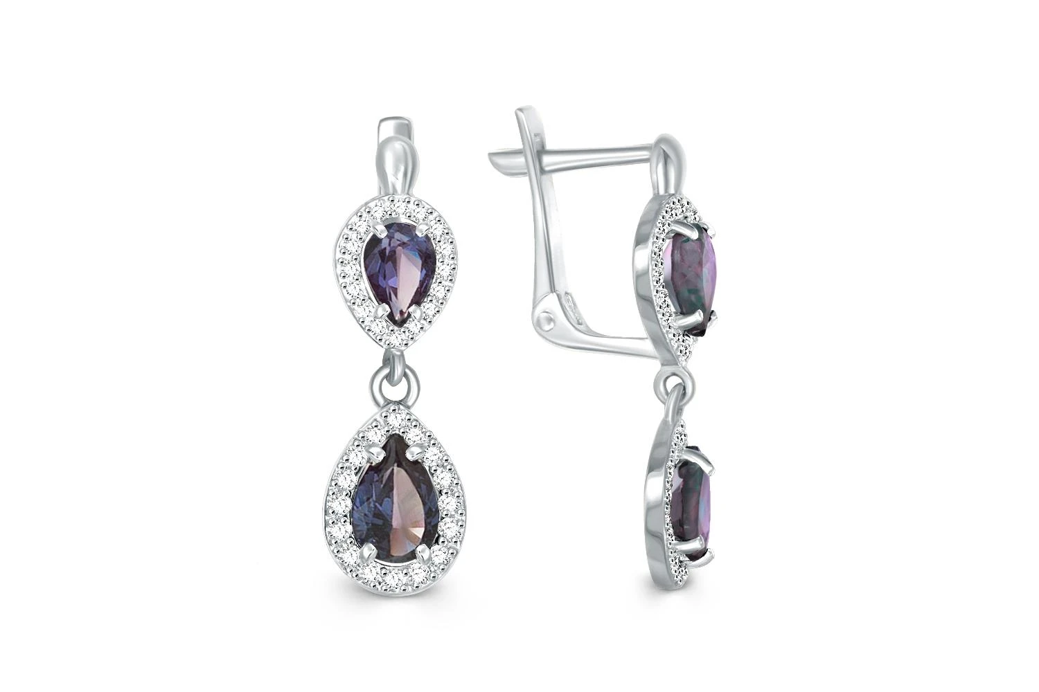 Серьги из белого золота с 4 александритами и 64 фианитами