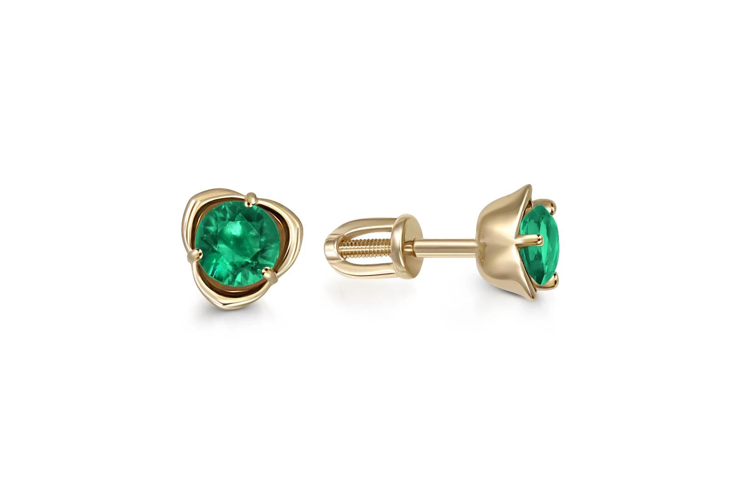 Серьги-пусеты Цветы из жёлтого золота с 2 изумрудами