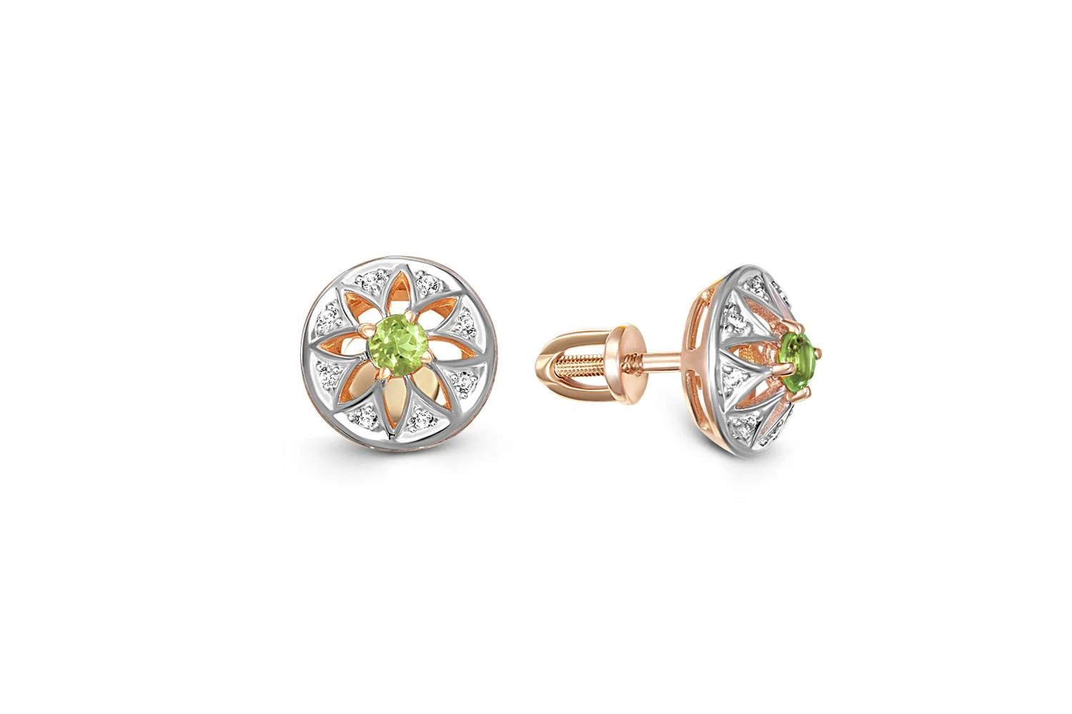 Серьги-пусеты Цветы из красного золота с 2 хризолитами и 16 фианитами